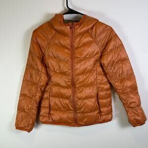 Uniqlo Ultra Light Down Puffer Jacket women Orange Full Zip Hooded Coat Small